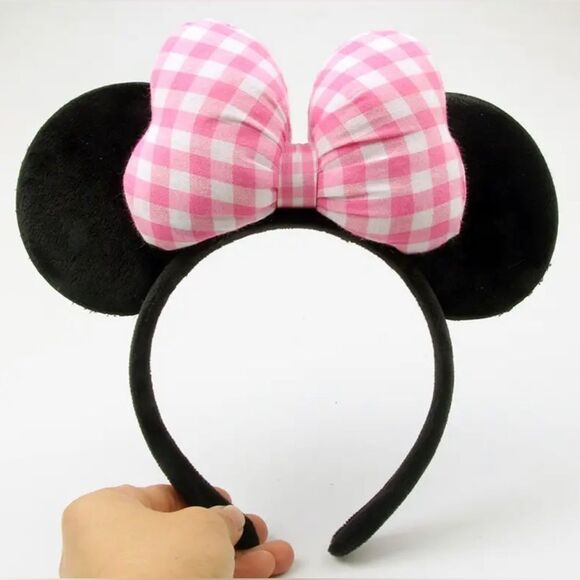 Disney Minnie Mouse Ear Headband Pink Buffalo Plaid Puffy Bow New - Picture 1 of 7